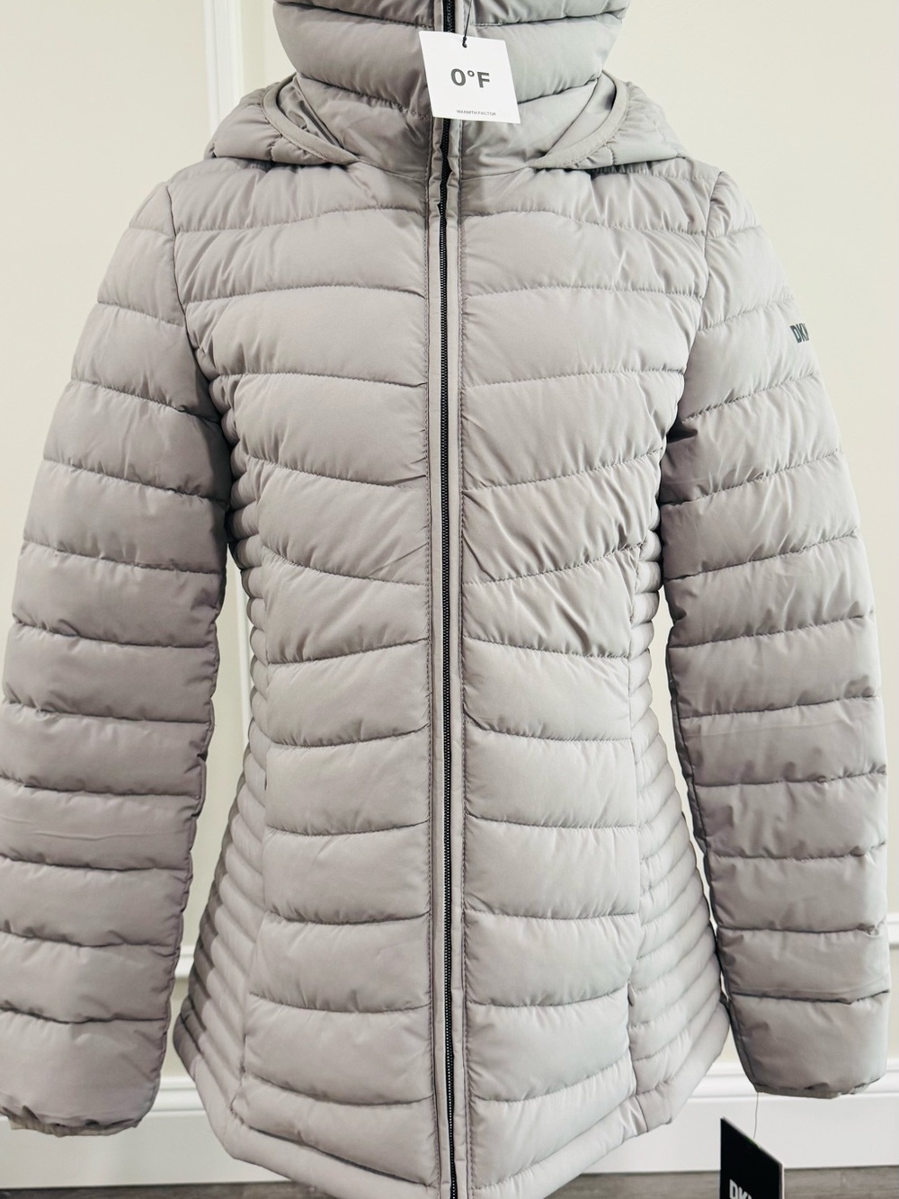 DKNY Light Gray Quilted Hooded Puffer Jacket